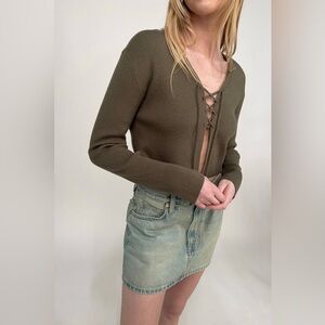 Oak + Fort Cropped Lace Up Cardigan / Kalamata